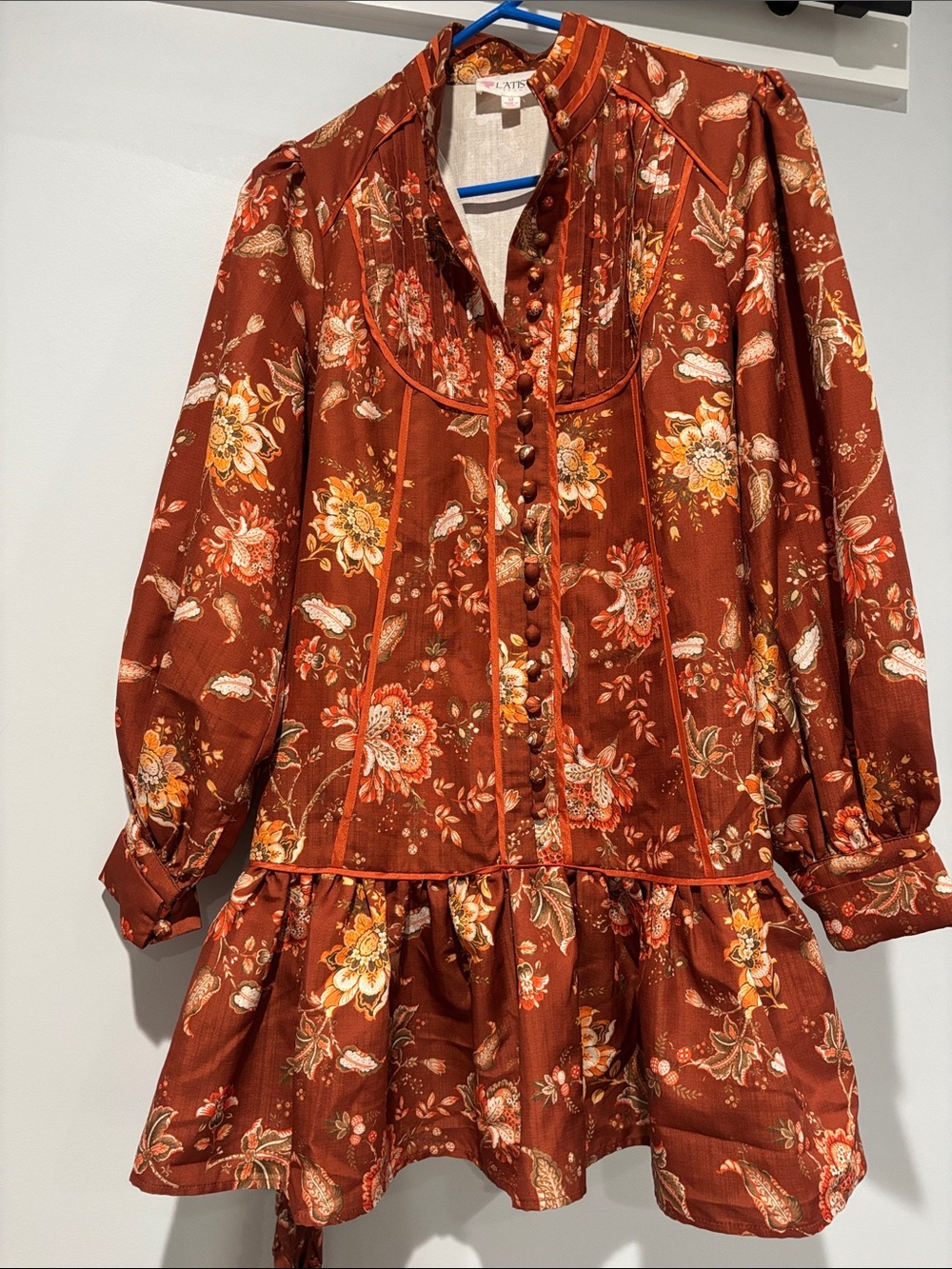 L'ATISTE Rust Floral Long-Sleeve Mini Dress with Waist Tie - Picture 4 of 7
